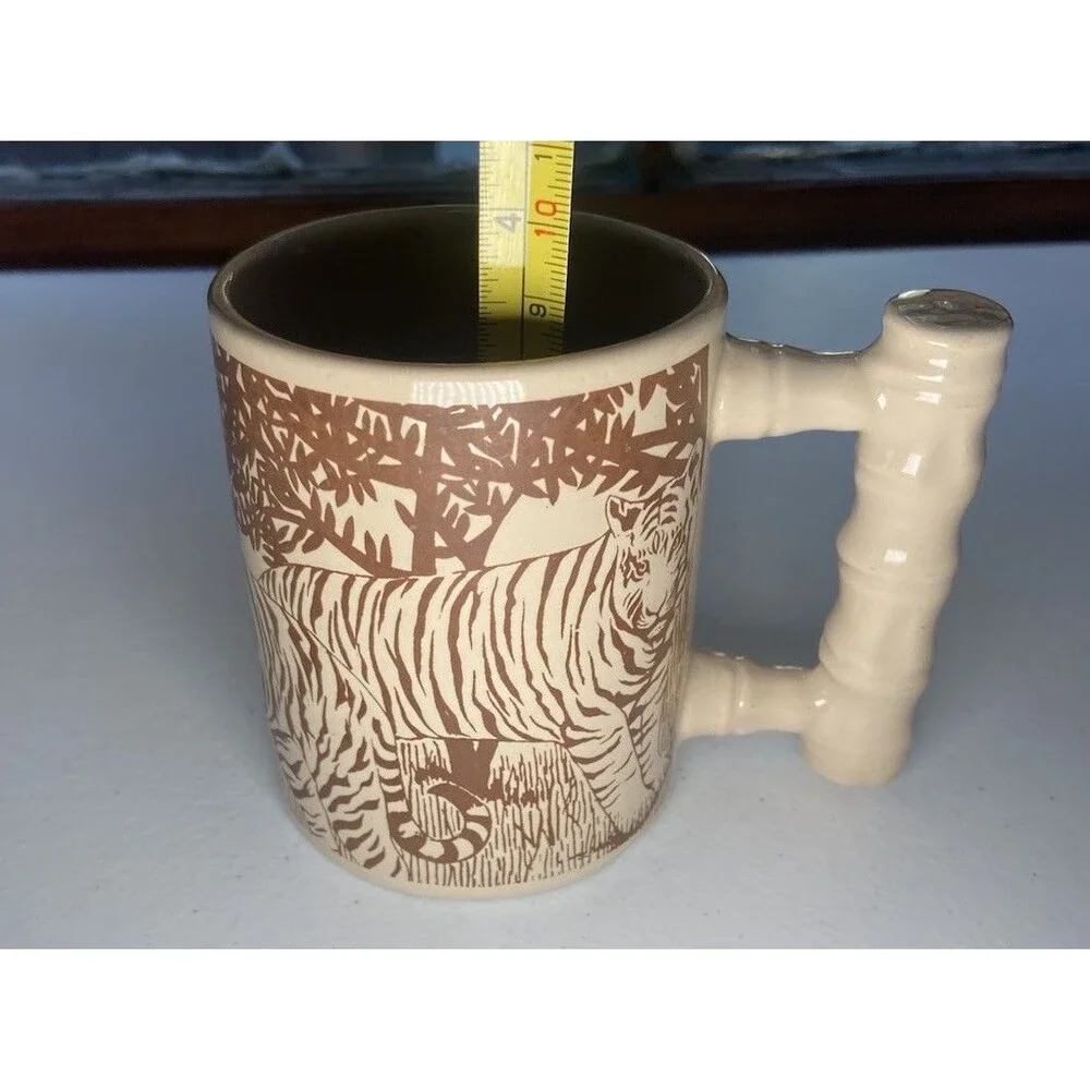 ARNART - Vtg Brown & Tan Tiger Safari Jungle Bamboo Royal Crown Coffee Cup Mug